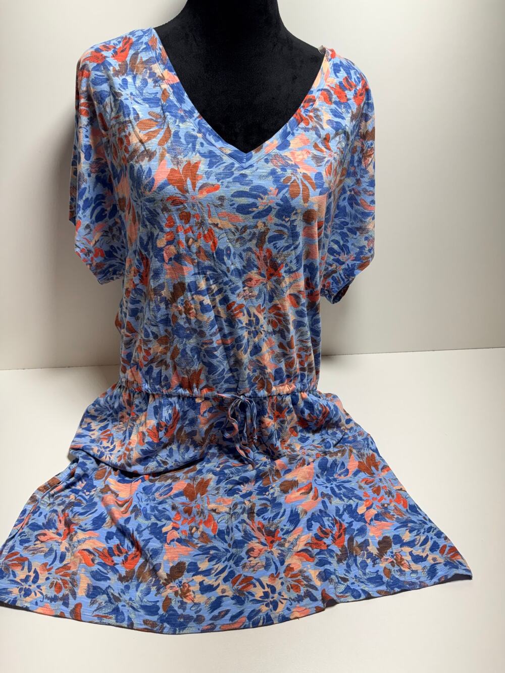 Freely Tunic Cover Up Sz Large Blue Floral V Neck Drawstring Beach Summer